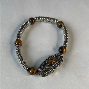Silver and Brown Beaded Bracelet‎ with Ornate Charm